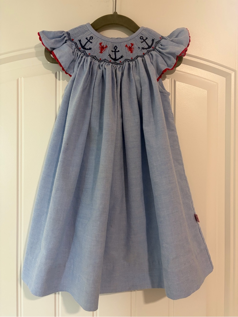 Posh Light Blue Smocked Nautical Dress with Red Trim